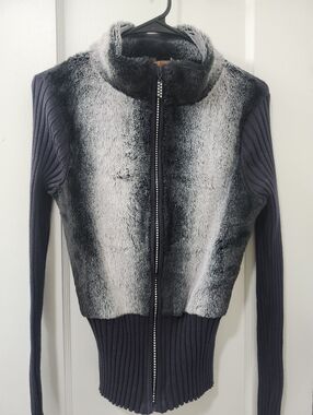 Belldini Faux Fur Trim Ribbed Knit Zip Cardigan in Black and Dark Gray
